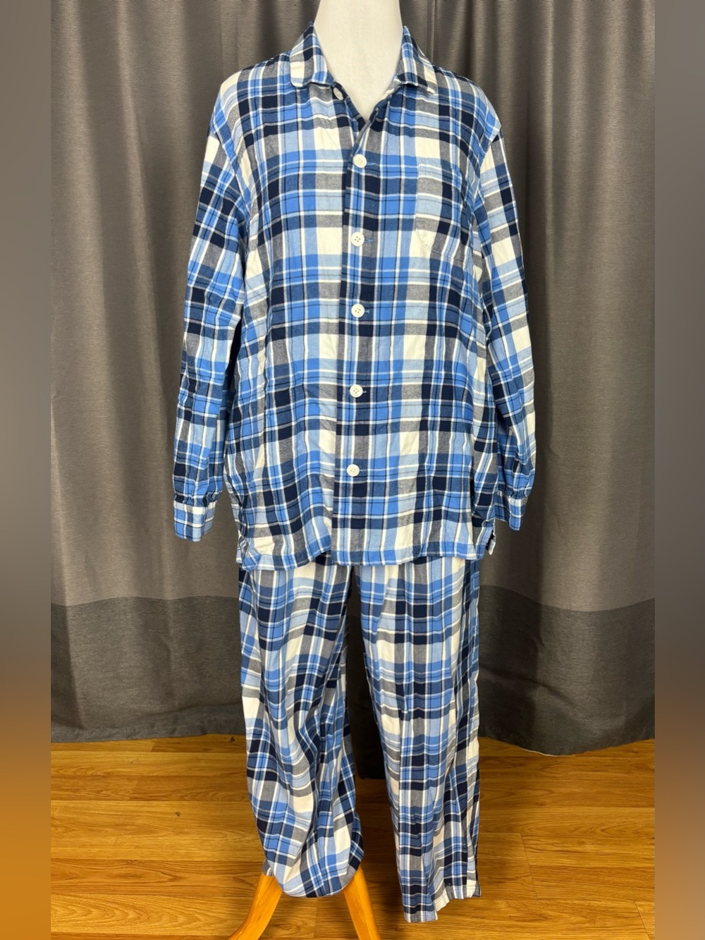 Lands' End Blue and White Plaid Check Flannel Men’s Pajama Set XL